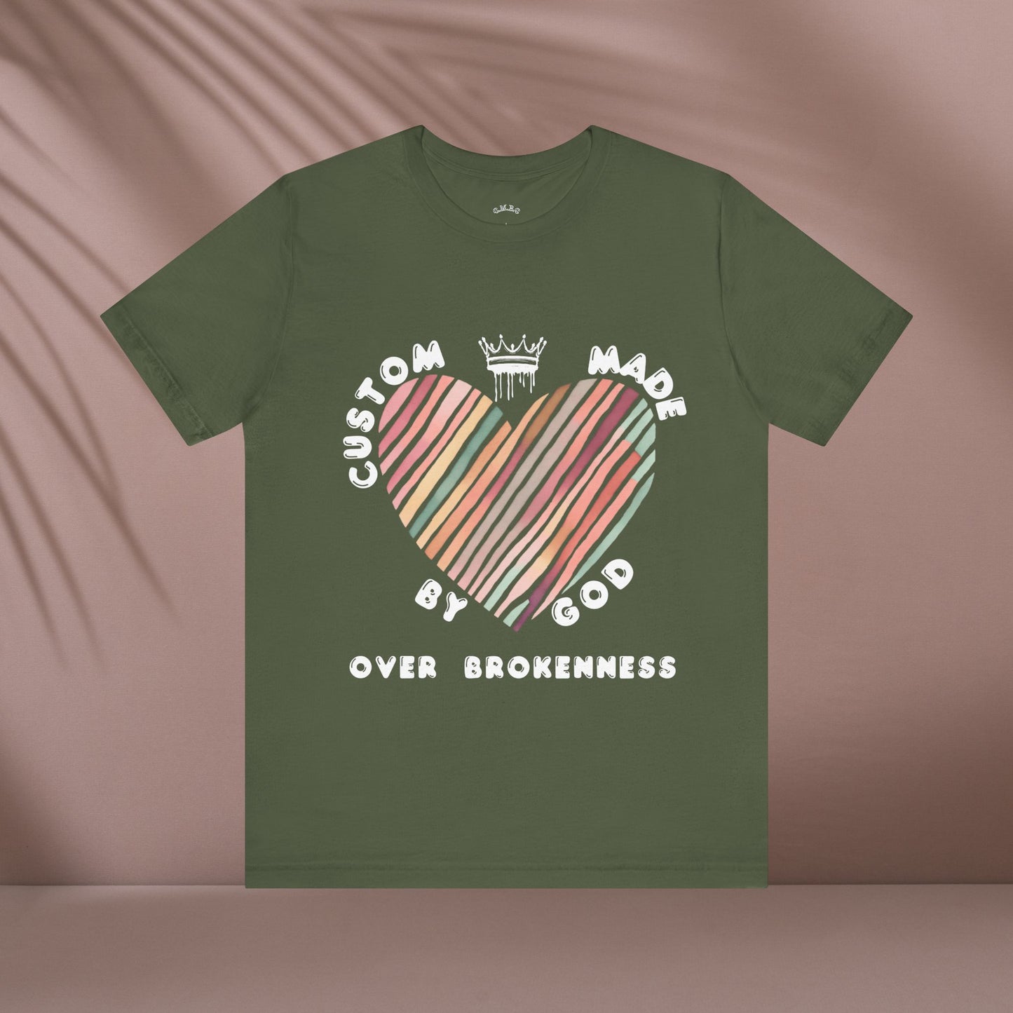 Striped Heart Custom Made by God Over Brokenness | Unisex Jersey Tee