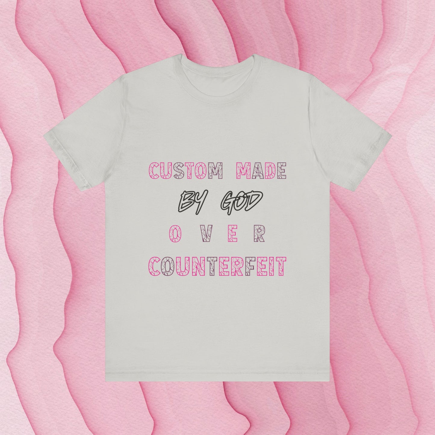 Custom Made By God OVER Counterfeit | Pink Lightning | Unisex Jersey Short Tee