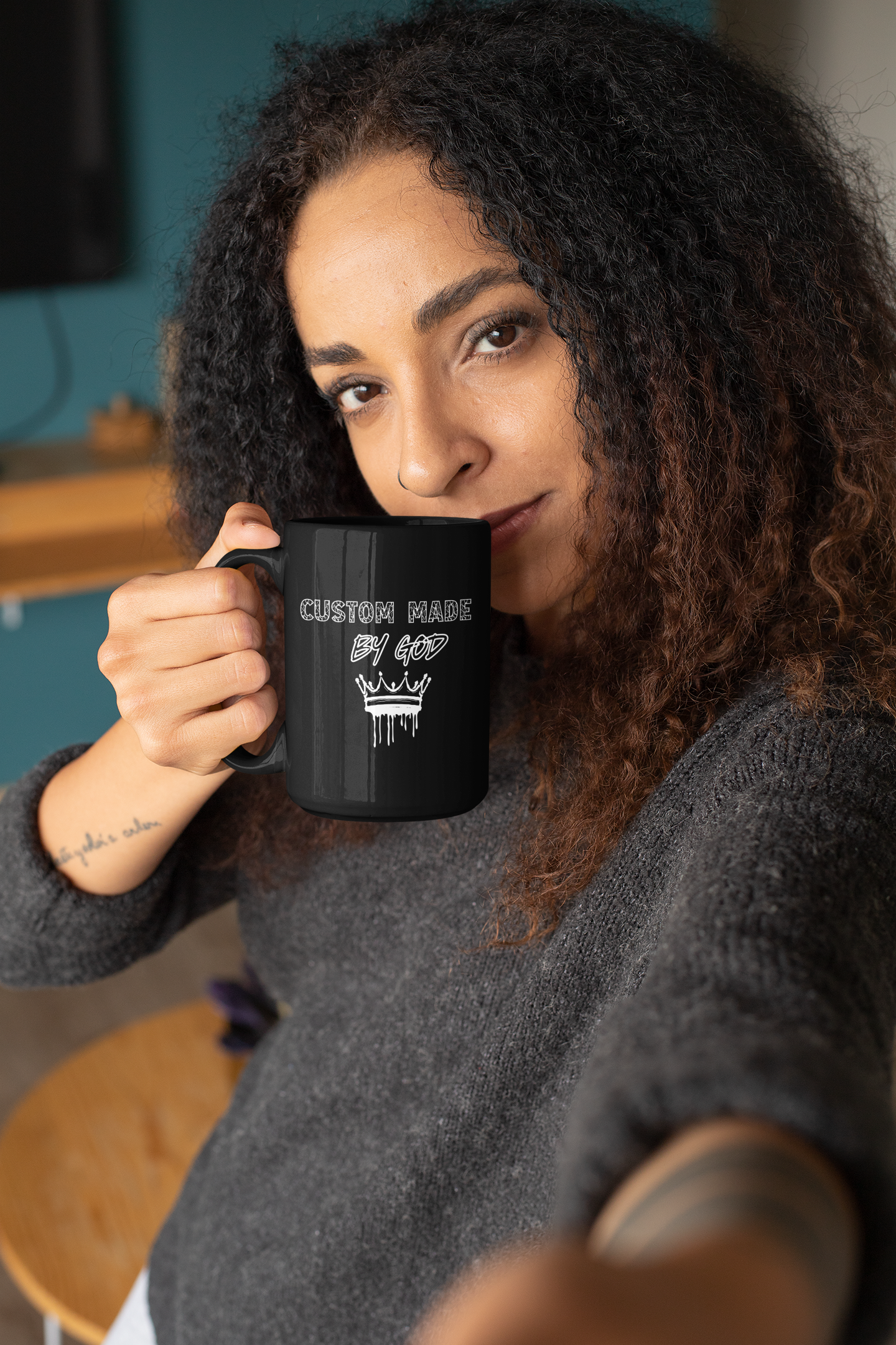 Custom Made by God with Crown -Black Mug 15oz