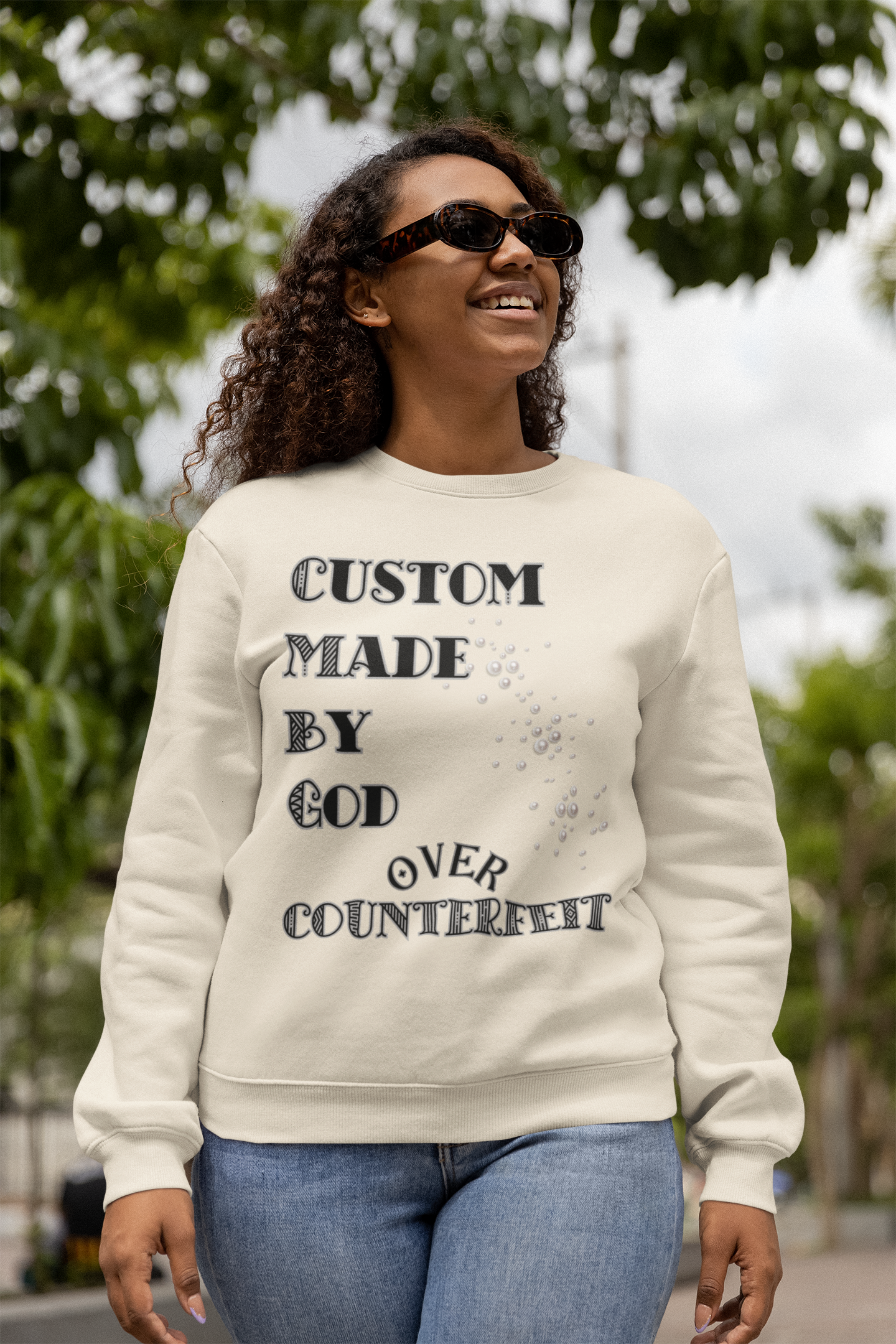 Custom Made By God OVER Counterfeit | Pearl Edition | Unisex Crewneck Sweatshirt